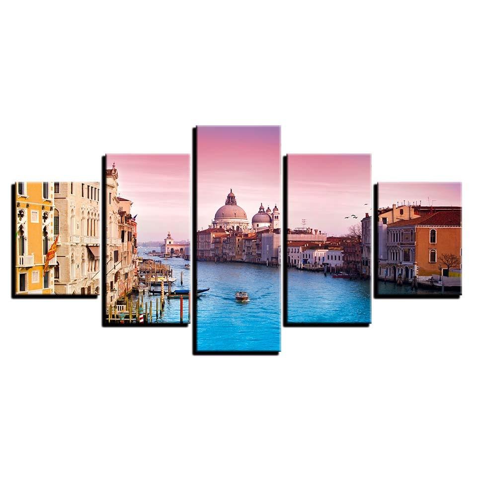 Ships And Buildings 5 Piece HD Multi Panel Canvas Wall Art Frame - Original Frame