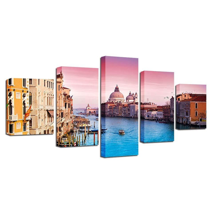 Ships And Buildings 5 Piece HD Multi Panel Canvas Wall Art Frame - Original Frame