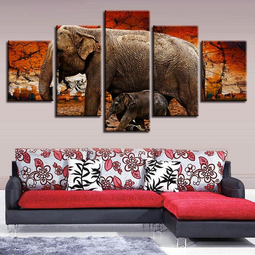 Elephant And Baby 5 Piece HD Multi Panel Canvas Wall Art Frame - Original Frame