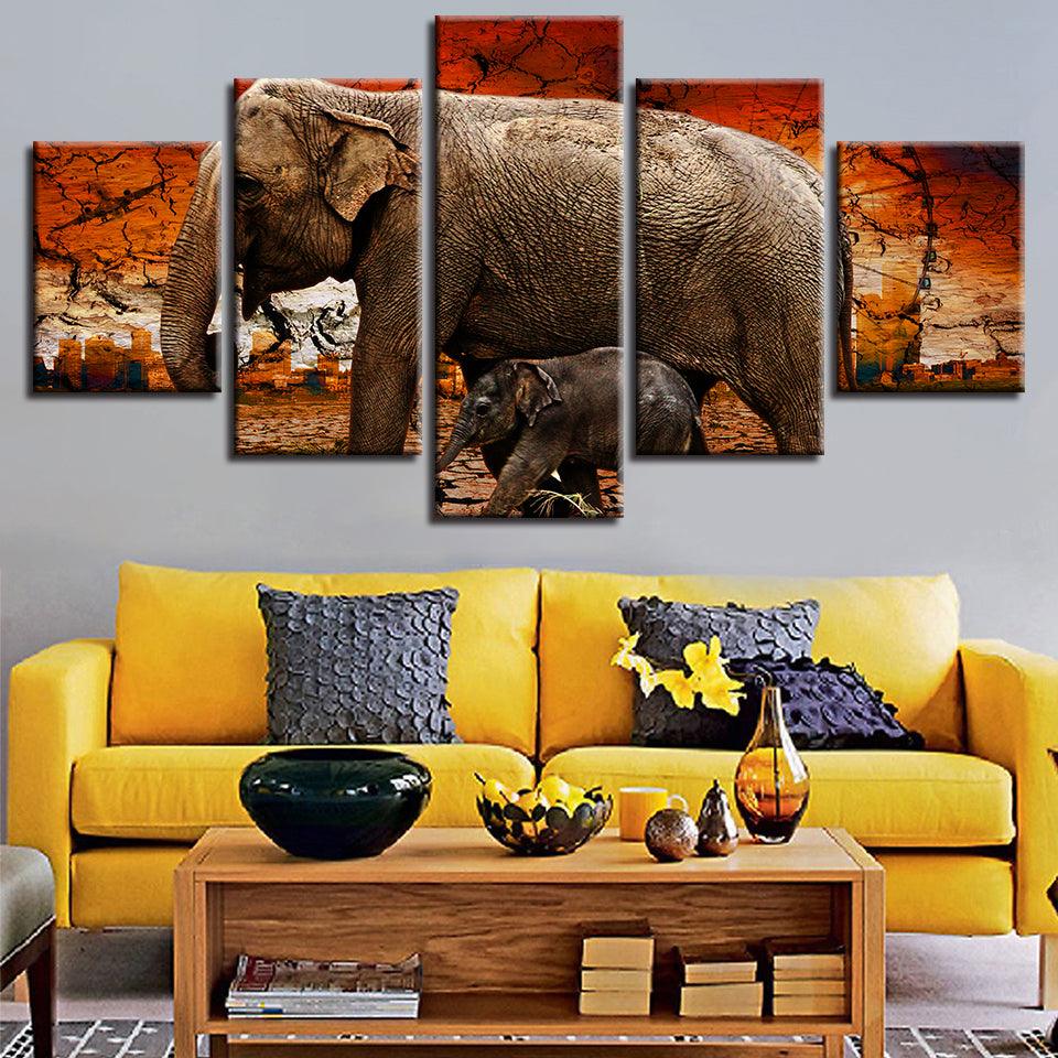 Elephant And Baby 5 Piece HD Multi Panel Canvas Wall Art Frame - Original Frame
