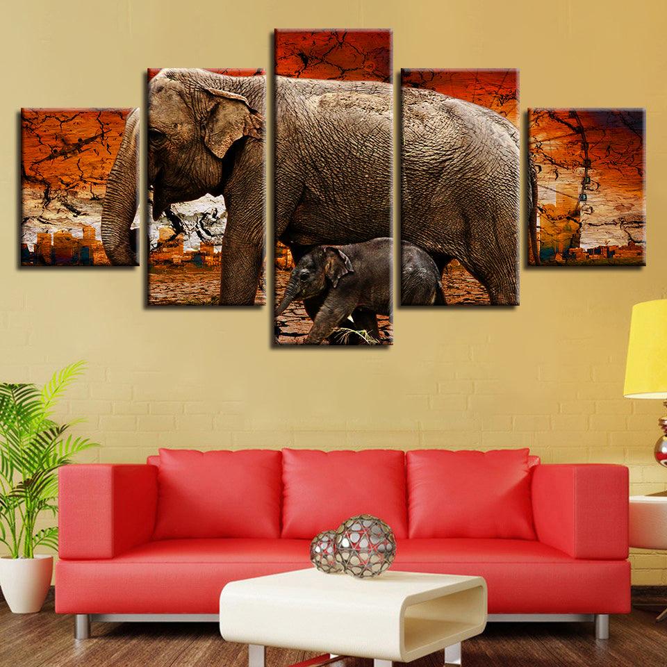 Elephant And Baby 5 Piece HD Multi Panel Canvas Wall Art Frame - Original Frame