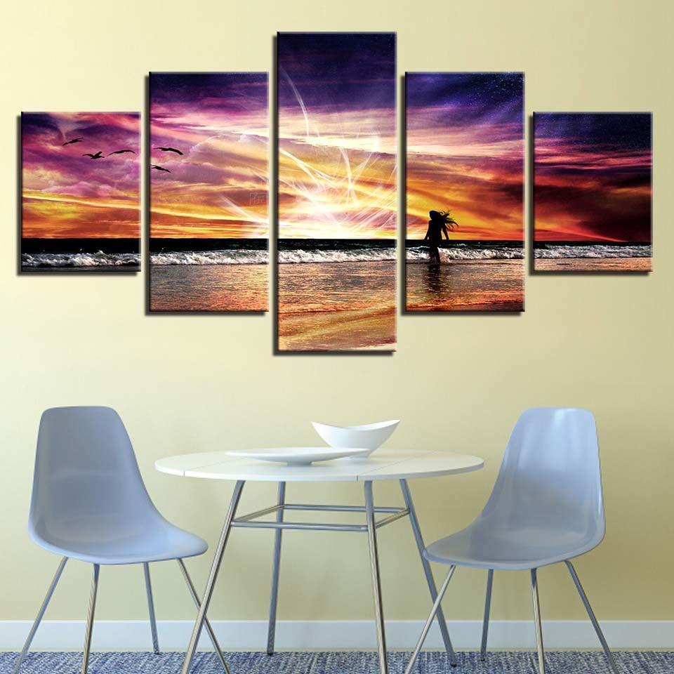 Sunset Beach Waves 5 Piece HD Multi Panel Canvas Wall Art Frame - Original Frame