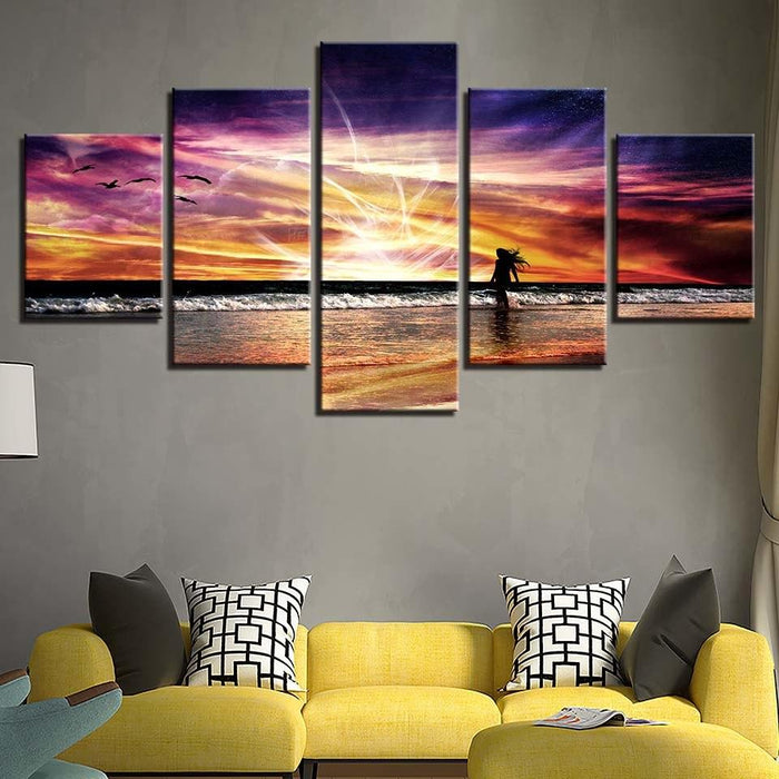 Sunset Beach Waves 5 Piece HD Multi Panel Canvas Wall Art Frame - Original Frame