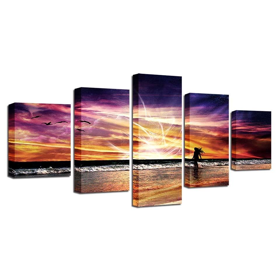 Sunset Beach Waves 5 Piece HD Multi Panel Canvas Wall Art Frame - Original Frame