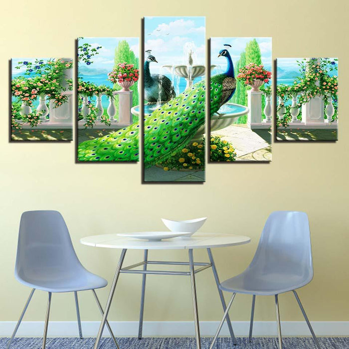 Peacock In Garden 5 Piece HD Multi Panel Canvas Wall Art Frame - Original Frame