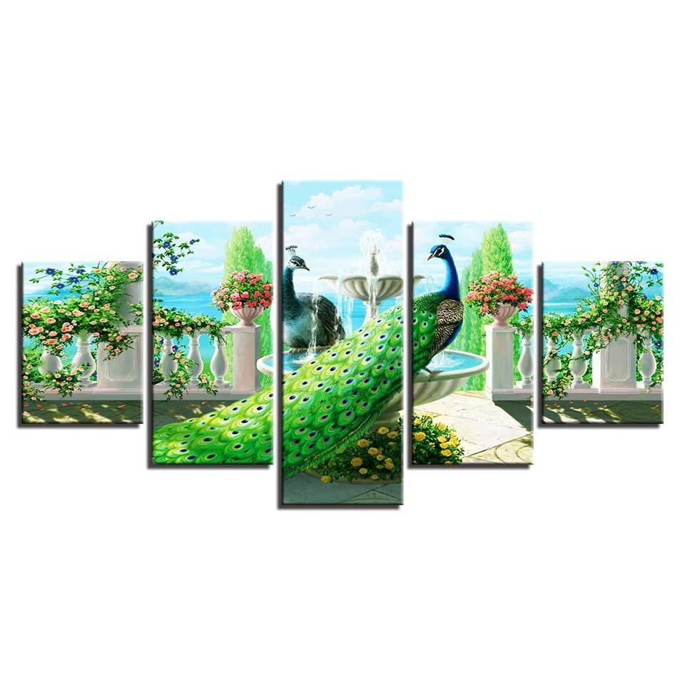 Peacock In Garden 5 Piece HD Multi Panel Canvas Wall Art Frame - Original Frame