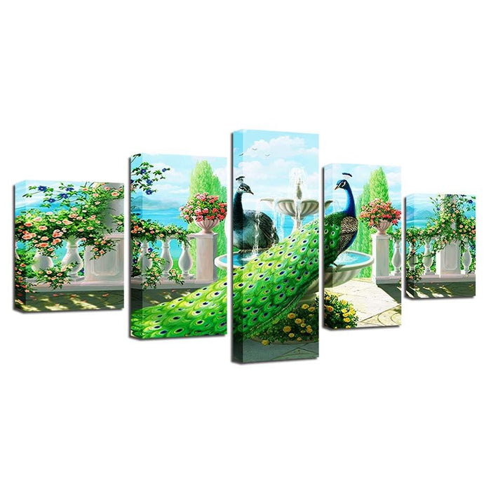 Peacock In Garden 5 Piece HD Multi Panel Canvas Wall Art Frame - Original Frame