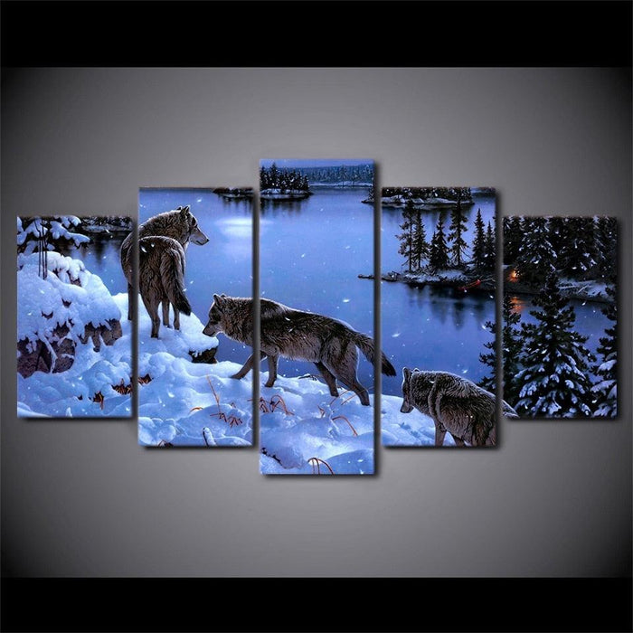 Wolves In The Snow 5 Piece HD Multi Panel Canvas Wall Art Frame