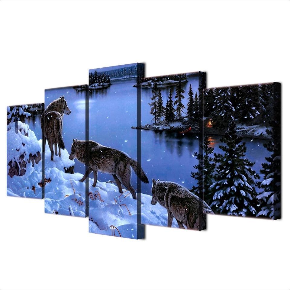 Wolves In The Snow 5 Piece HD Multi Panel Canvas Wall Art Frame - Original Frame