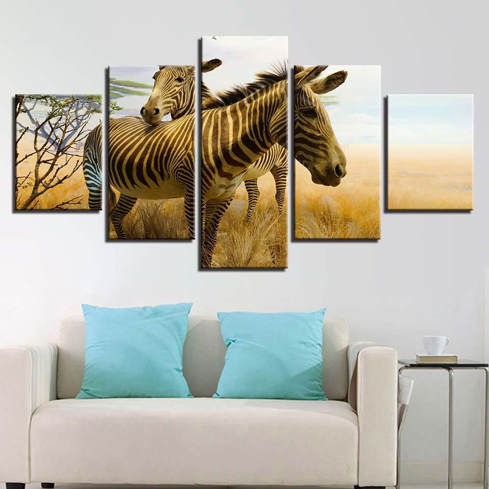 Two Zebras 5 Piece HD Multi Panel Canvas Wall Art Frame - Original Frame