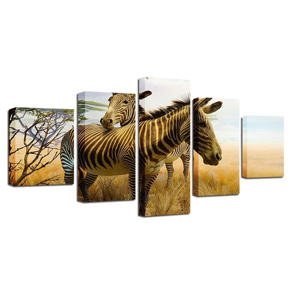 Two Zebras 5 Piece HD Multi Panel Canvas Wall Art Frame - Original Frame