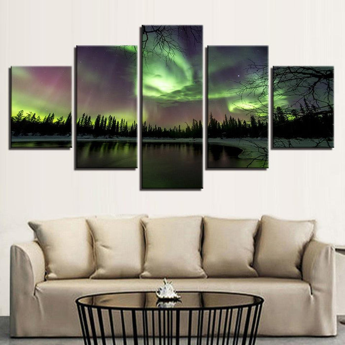 Green Forest Aurora Lake 5 Piece HD Multi Panel Canvas Wall Art Frame - Original Frame