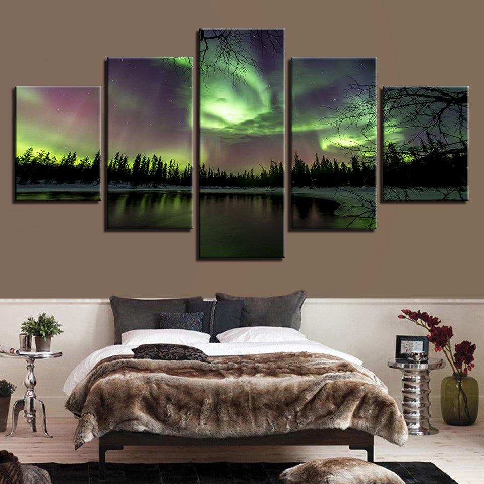 Green Forest Aurora Lake 5 Piece HD Multi Panel Canvas Wall Art Frame - Original Frame