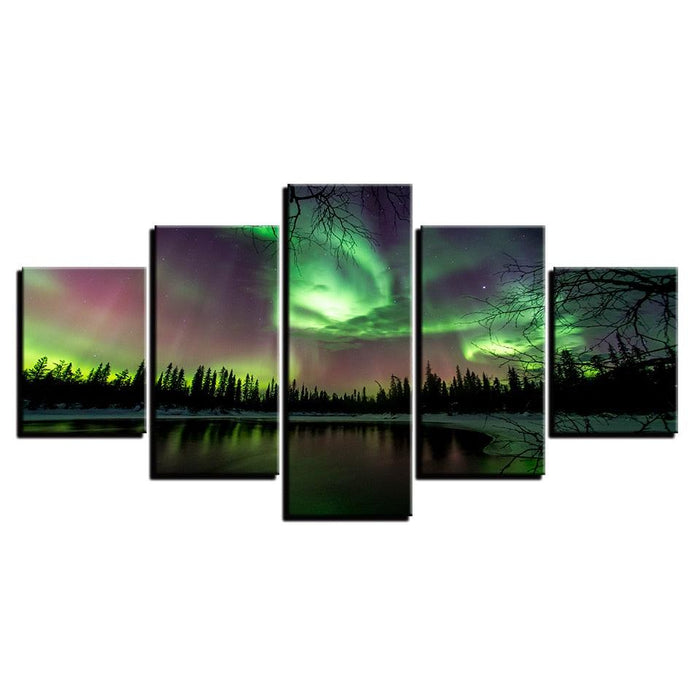 Green Forest Aurora Lake 5 Piece HD Multi Panel Canvas Wall Art Frame - Original Frame