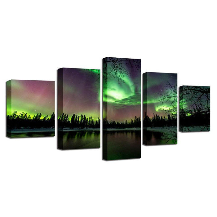 Green Forest Aurora Lake 5 Piece HD Multi Panel Canvas Wall Art Frame - Original Frame