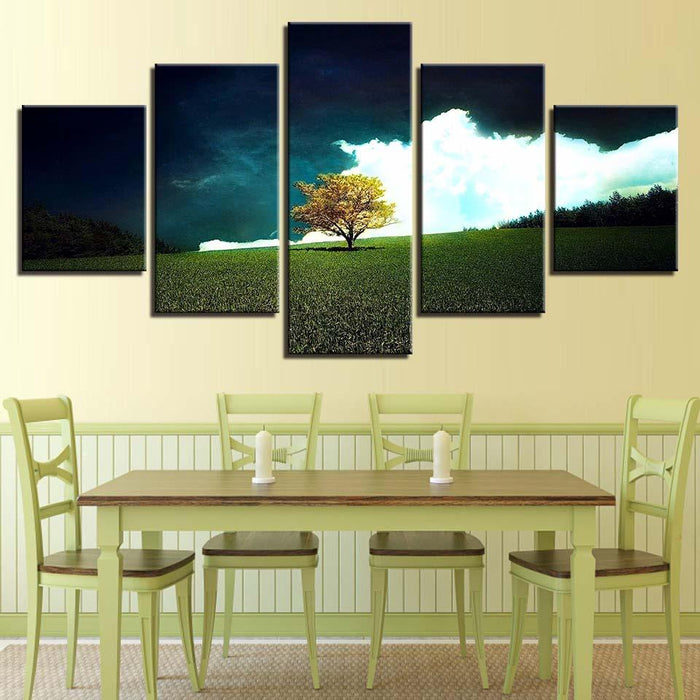 Grass Tree And White Cloud Scenery 5 Piece HD Multi Panel Canvas Wall Art Frame