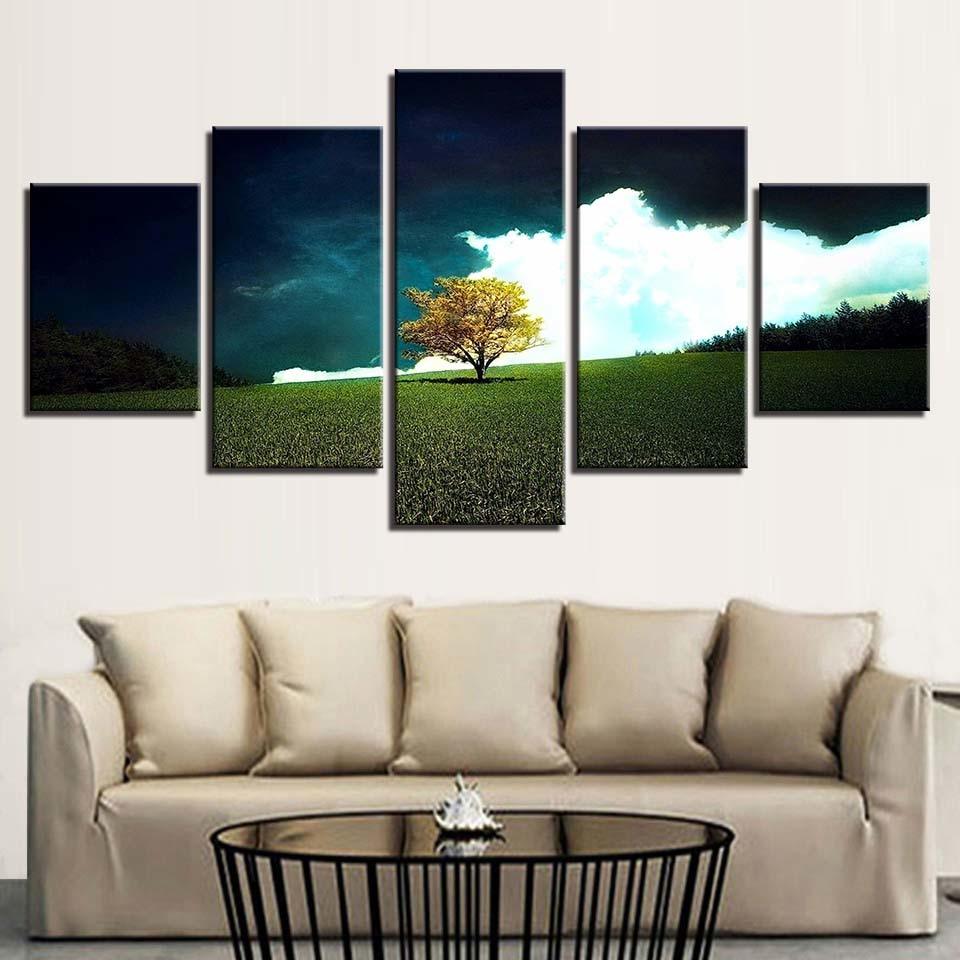 Grass Tree And White Cloud Scenery 5 Piece HD Multi Panel Canvas Wall Art Frame - Original Frame