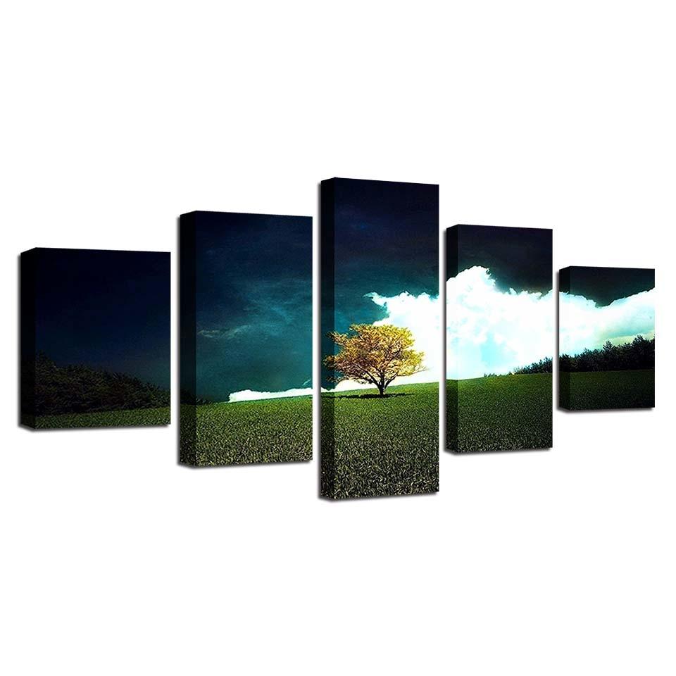 Grass Tree And White Cloud Scenery 5 Piece HD Multi Panel Canvas Wall Art Frame - Original Frame