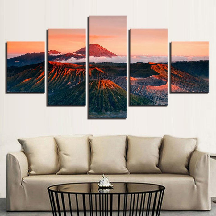 Sunset Volcano Mountains 5 Piece HD Multi Panel Canvas Wall Art Frame - Original Frame