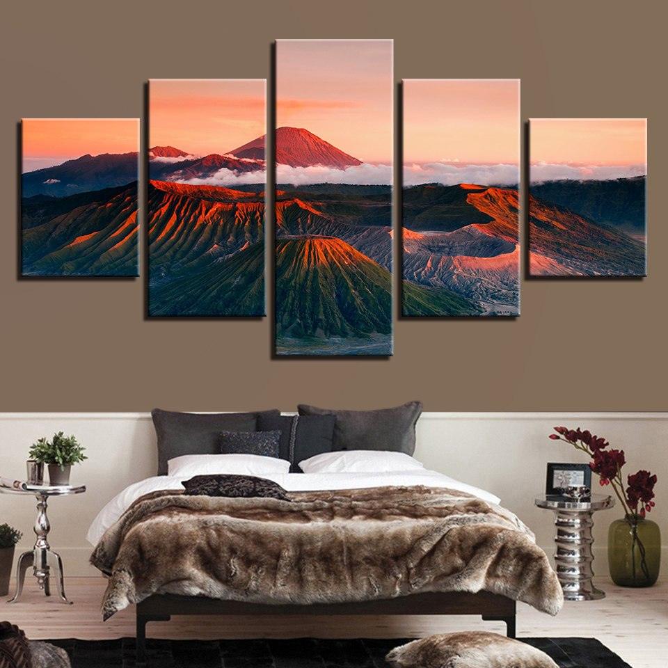 Sunset Volcano Mountains 5 Piece HD Multi Panel Canvas Wall Art Frame - Original Frame