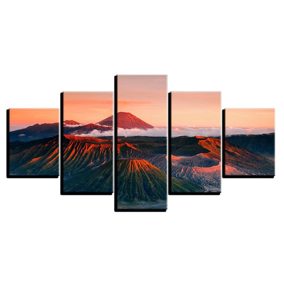 Sunset Volcano Mountains 5 Piece HD Multi Panel Canvas Wall Art Frame - Original Frame