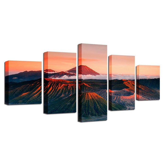 Sunset Volcano Mountains 5 Piece HD Multi Panel Canvas Wall Art Frame - Original Frame