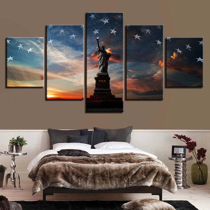 Statue of Liberty & The Flag 5 Piece HD Multi Panel Canvas Wall Art Frame