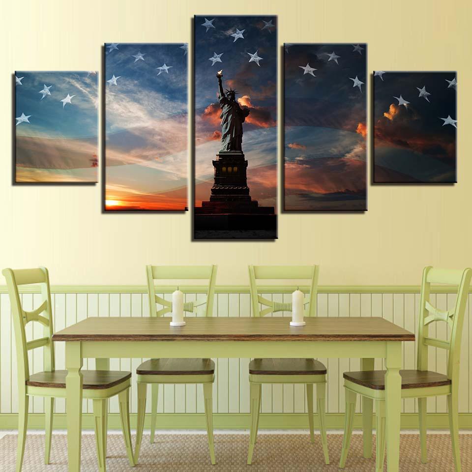Statue of Liberty And The Flag 5 Piece HD Multi Panel Canvas Wall Art Frame - Original Frame