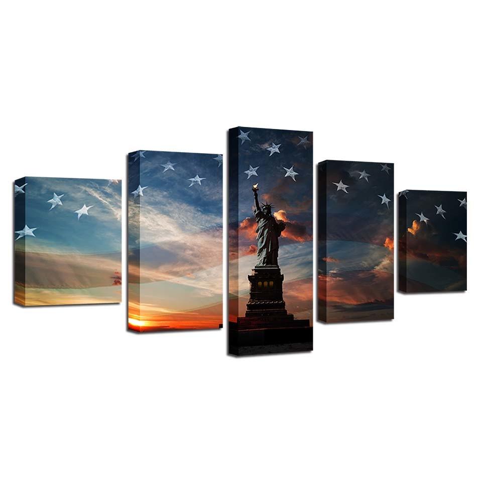 Statue of Liberty And The Flag 5 Piece HD Multi Panel Canvas Wall Art Frame - Original Frame