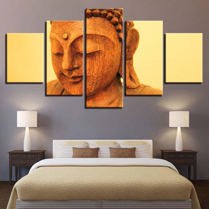 Wooden Buddha Statue 5 Piece HD Multi Panel Canvas Wall Art Frame - Original Frame