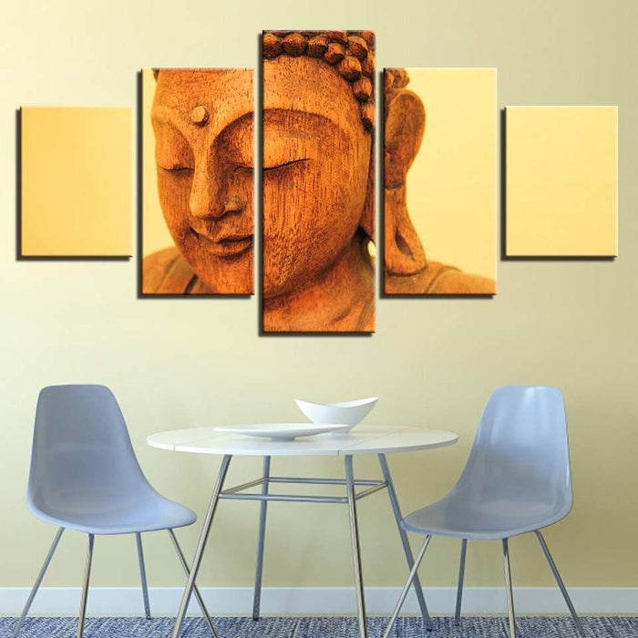 Wooden Buddha Statue 5 Piece HD Multi Panel Canvas Wall Art Frame - Original Frame