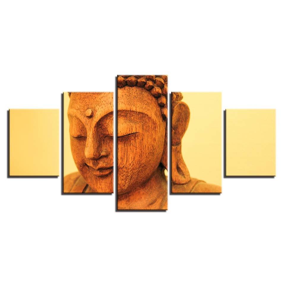 Wooden Buddha Statue 5 Piece HD Multi Panel Canvas Wall Art Frame - Original Frame
