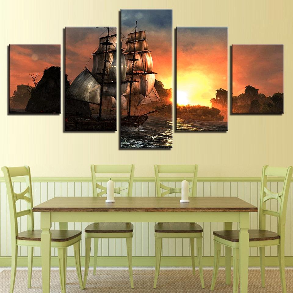 Sunset Mountain Retro Sailing 5 Piece HD Multi Panel Canvas Wall Art Frame - Original Frame