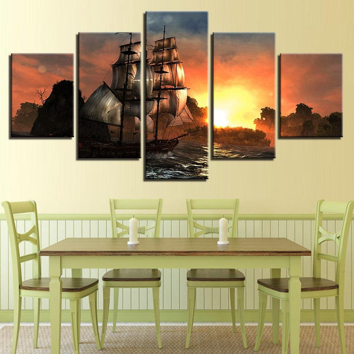 Sunset Mountain Retro Sailing 5 Piece HD Multi Panel Canvas Wall Art Frame