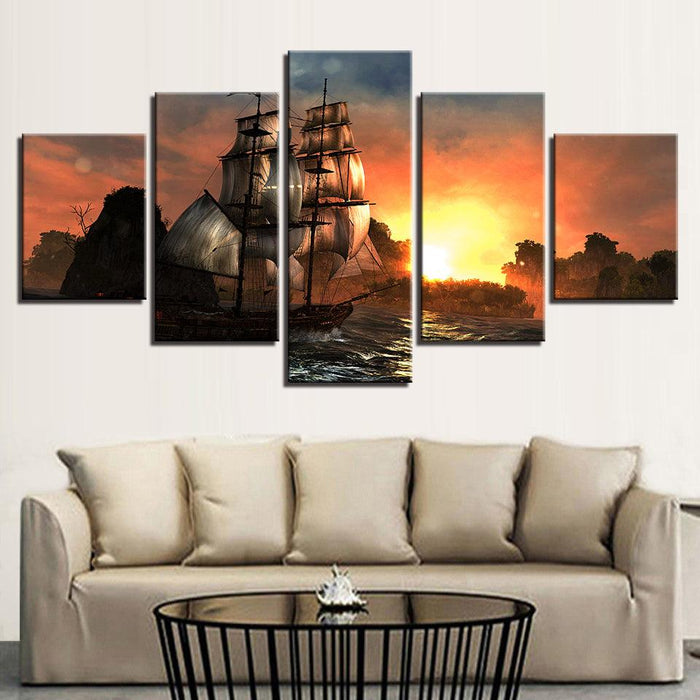 Sunset Mountain Retro Sailing 5 Piece HD Multi Panel Canvas Wall Art Frame