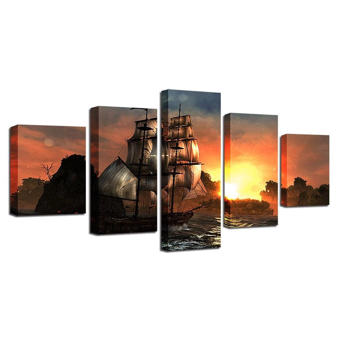 Sunset Mountain Retro Sailing 5 Piece HD Multi Panel Canvas Wall Art Frame - Original Frame