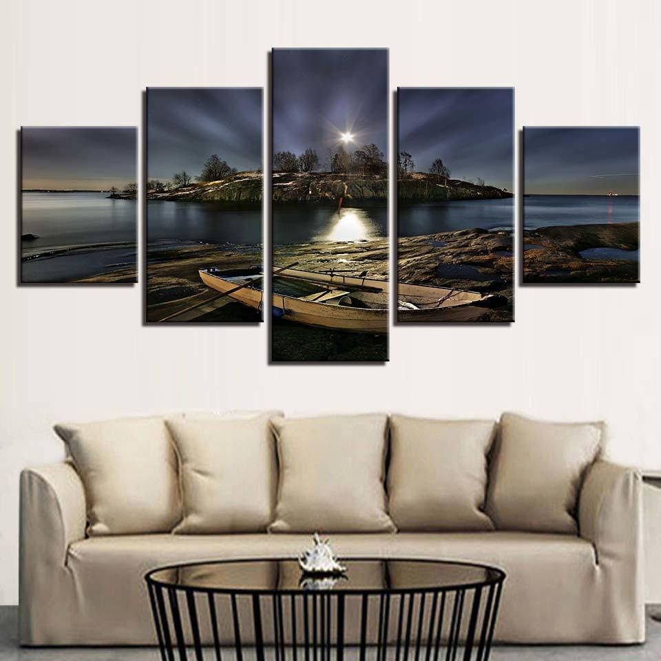 Boat Ashore at Night 5 Piece HD Multi Panel Canvas Wall Art Frame - Original Frame