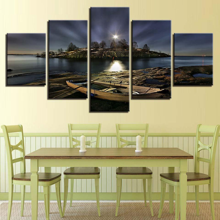 Boat Ashore at Night 5 Piece HD Multi Panel Canvas Wall Art Frame - Original Frame