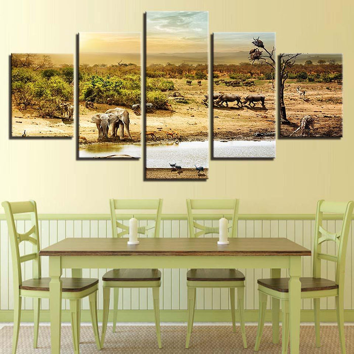 African Forest Elephants 5 Piece HD Multi Panel Canvas Wall Art Frame - Original Frame