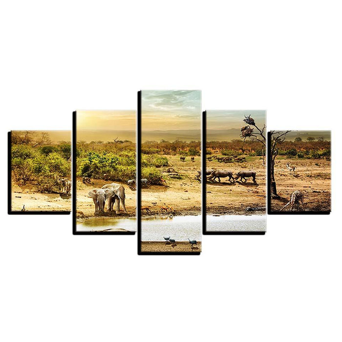 African Forest Elephants 5 Piece HD Multi Panel Canvas Wall Art Frame - Original Frame