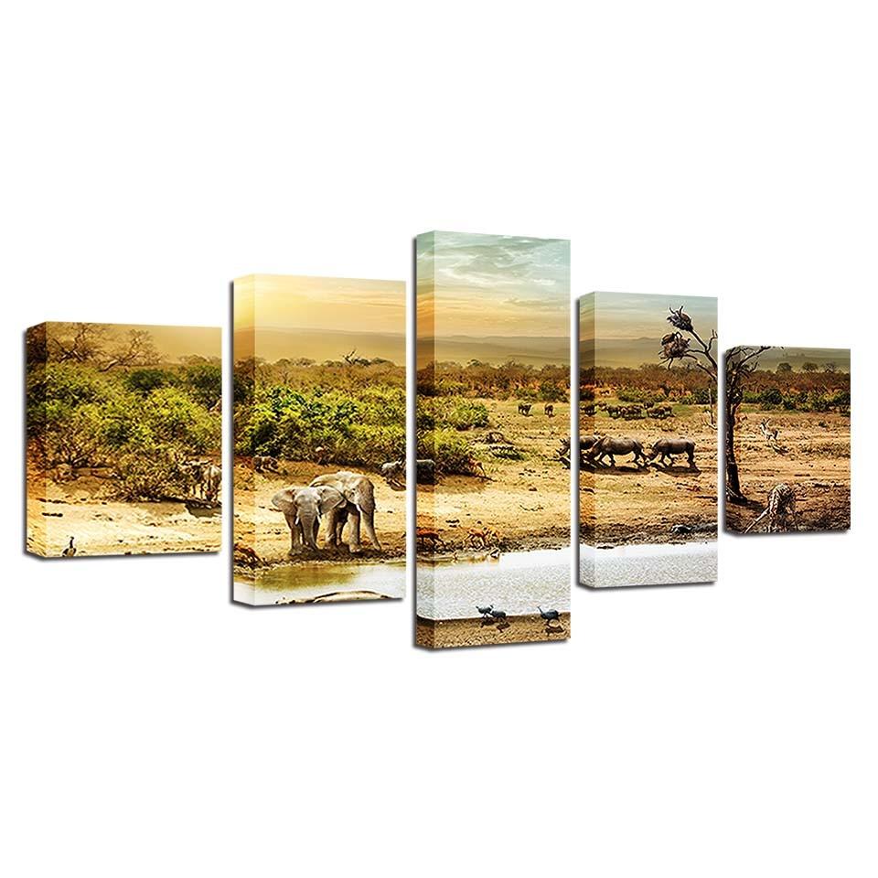 African Forest Elephants 5 Piece HD Multi Panel Canvas Wall Art Frame - Original Frame