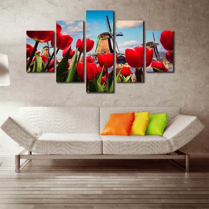 Windmill Red Roses 5 Piece HD Multi Panel Canvas Wall Art Frame