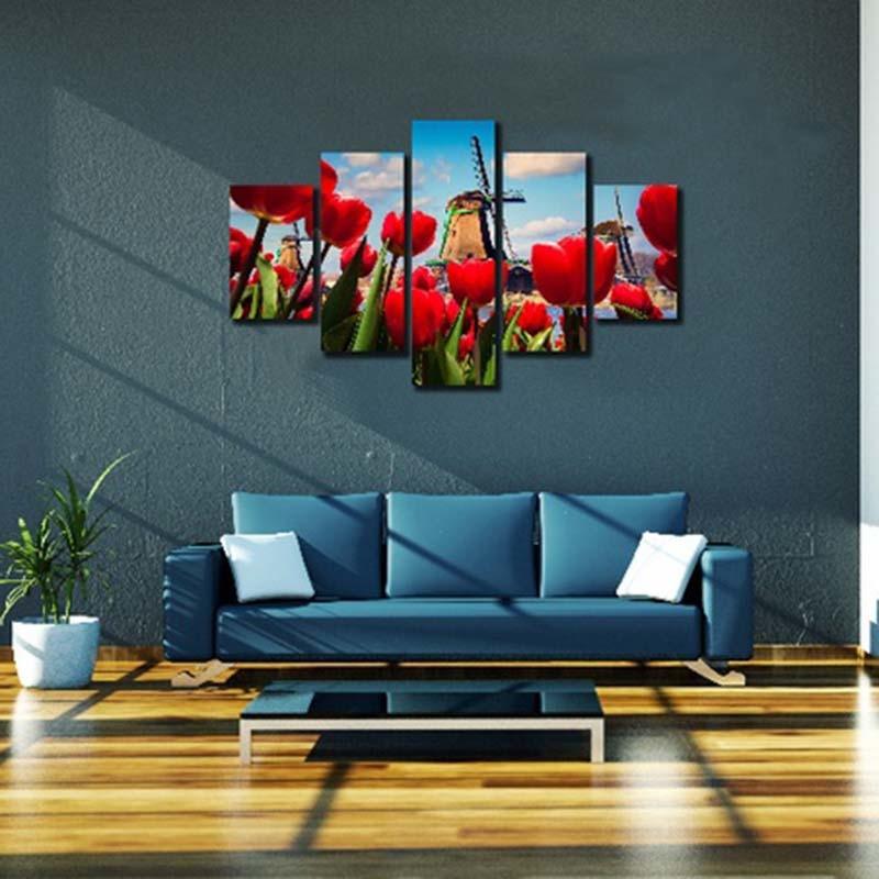 Windmill Red Roses 5 Piece HD Multi Panel Canvas Wall Art Frame - Original Frame