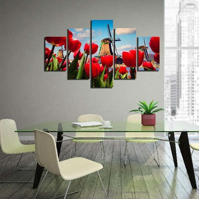 Windmill Red Roses 5 Piece HD Multi Panel Canvas Wall Art Frame