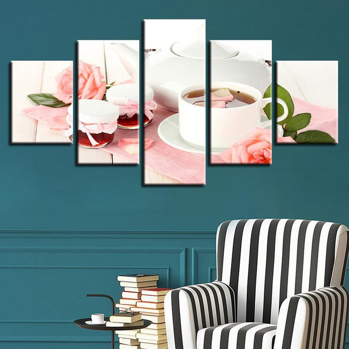 Pink Rose Tea 5 Piece HD Multi Panel Canvas Wall Art - Original Frame