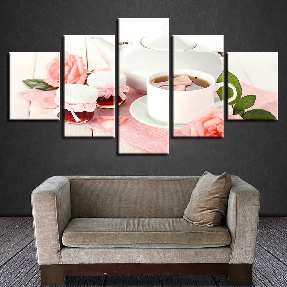 Pink Rose Tea 5 Piece HD Multi Panel Canvas Wall Art - Original Frame