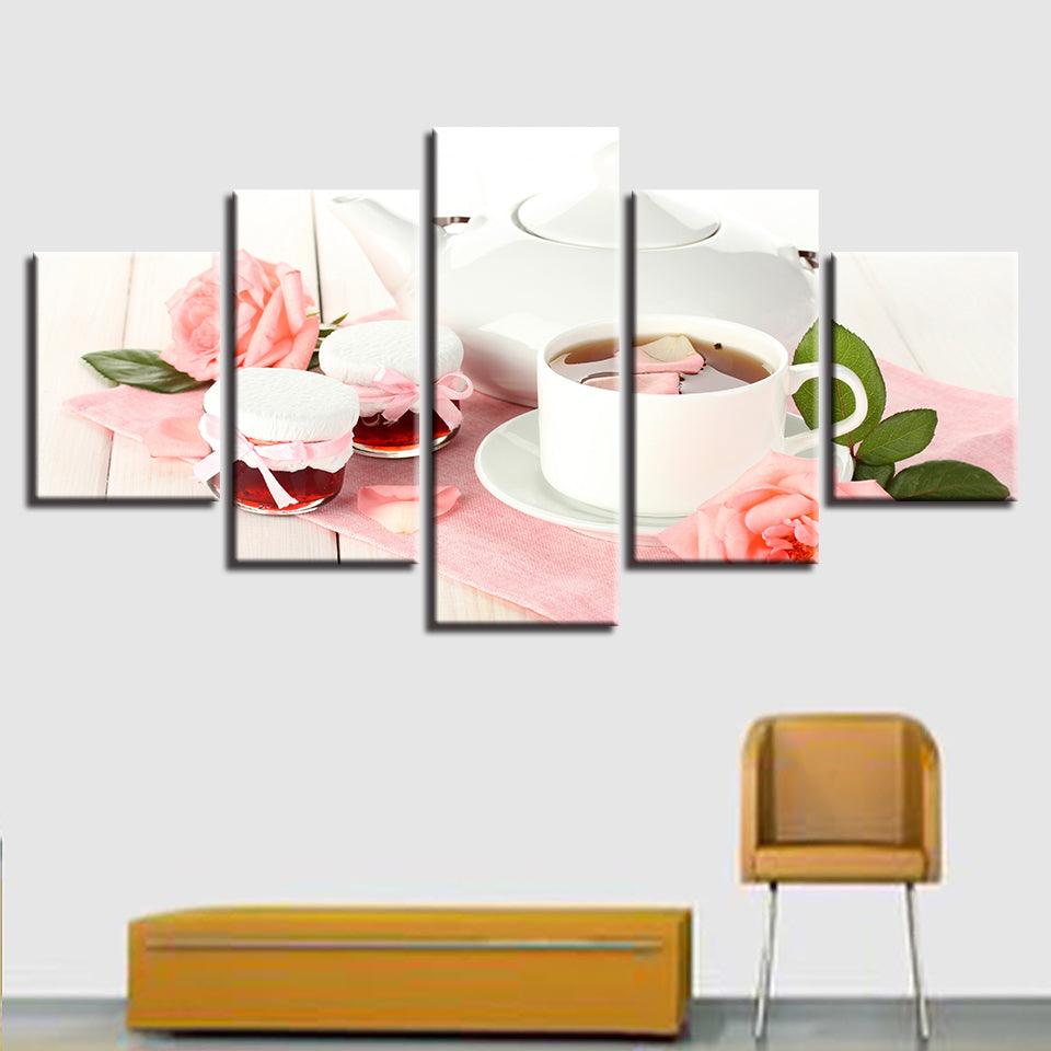 Pink Rose Tea 5 Piece HD Multi Panel Canvas Wall Art - Original Frame