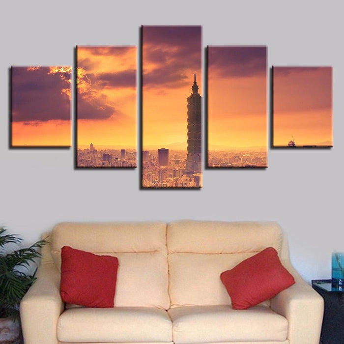 Taipei City Building 5 Piece HD Multi Panel Canvas Wall Art Frame - Original Frame