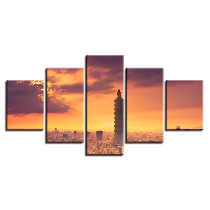 Taipei City Building 5 Piece HD Multi Panel Canvas Wall Art Frame - Original Frame