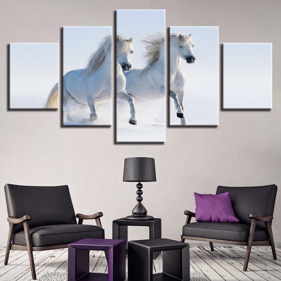 Two Running Horses 5 Piece HD Multi Panel Canvas Wall Art Frame - Original Frame